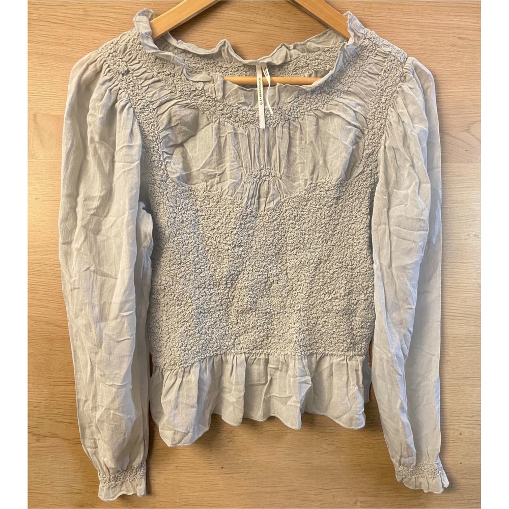 Anthropologie Light Blue Balloon Sleeve Smocked Peplum Women's Small Blouse